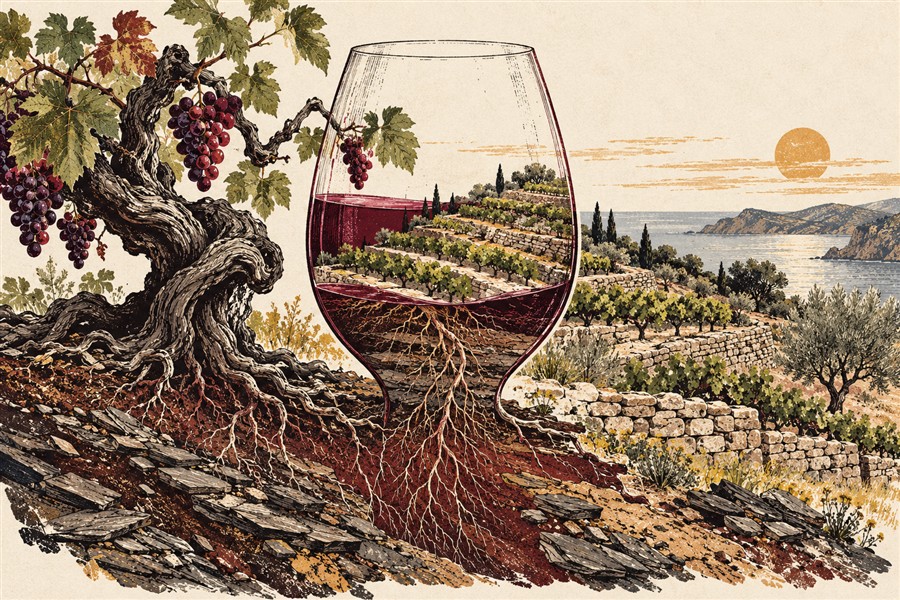 Ilustración original de un viñedo mediterráneo y una copa
