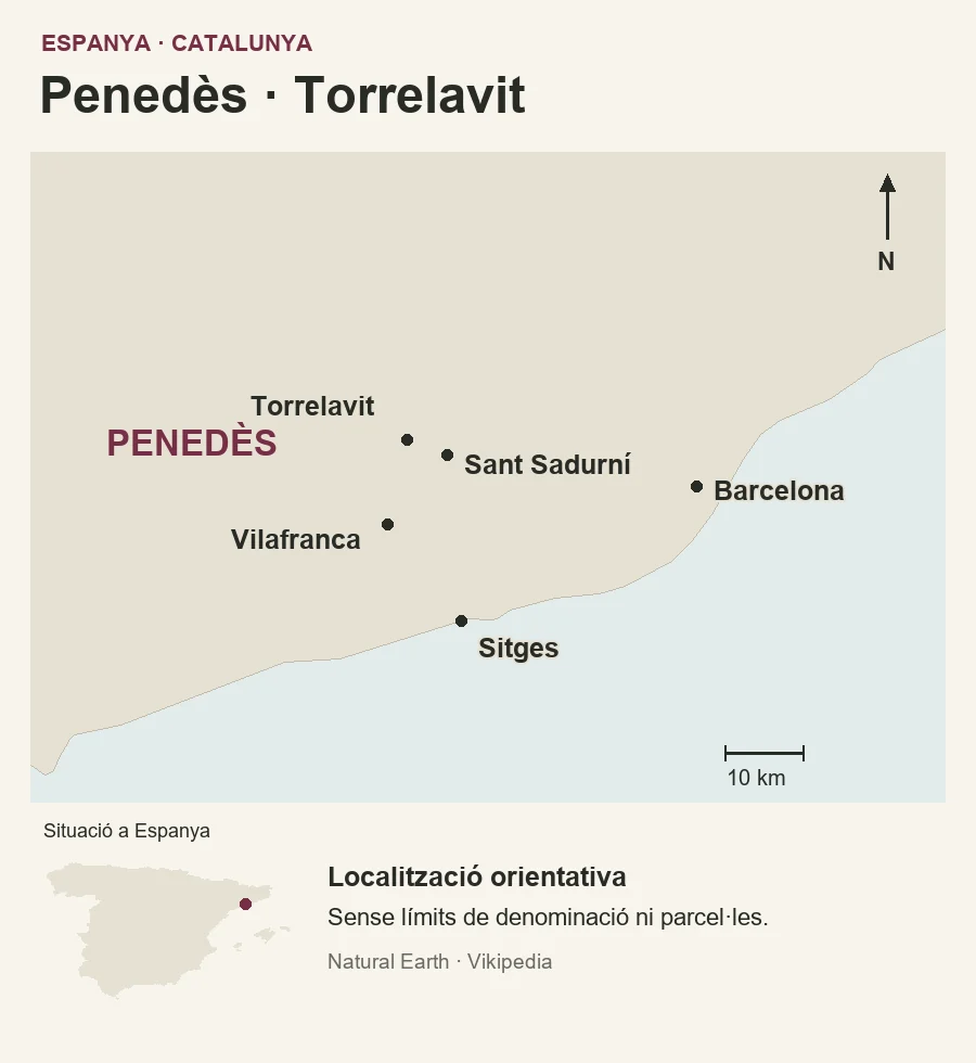 Penedès · Torrelavit, al mapa. Torrelavit, a l’Alt Penedès, serveix de referència per situar l’entorn de Pardas i la vall del Riudebitlles. El mapa localitza poblacions: no dibuixa Can Comas ni la parcel·la La Lola.