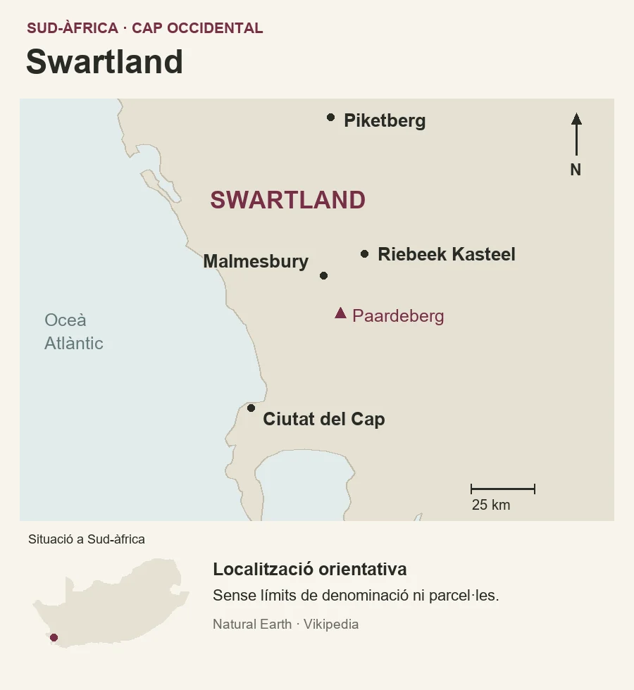Mapa d’orientació de Swartland, al nord de Ciutat del Cap, amb Malmesbury, Riebeek Kasteel, Piketberg i Paardeberg.