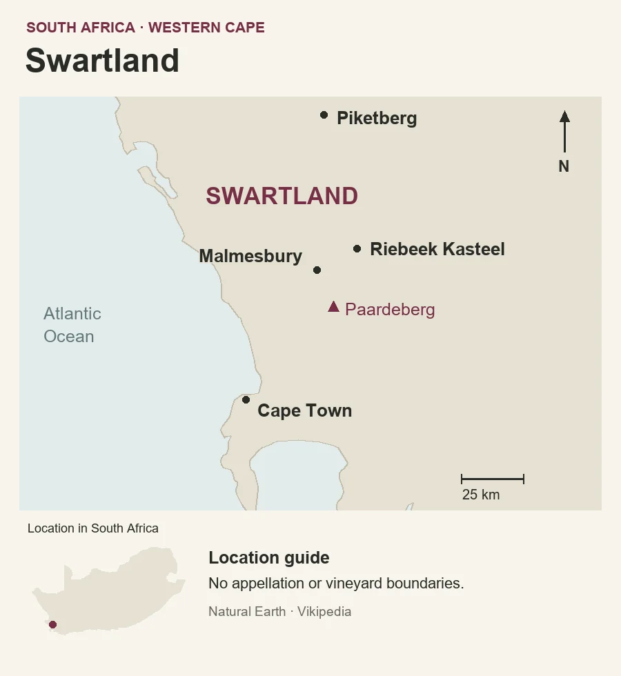 Location map of Swartland north of Cape Town, showing Malmesbury, Riebeek Kasteel, Piketberg and Paardeberg.